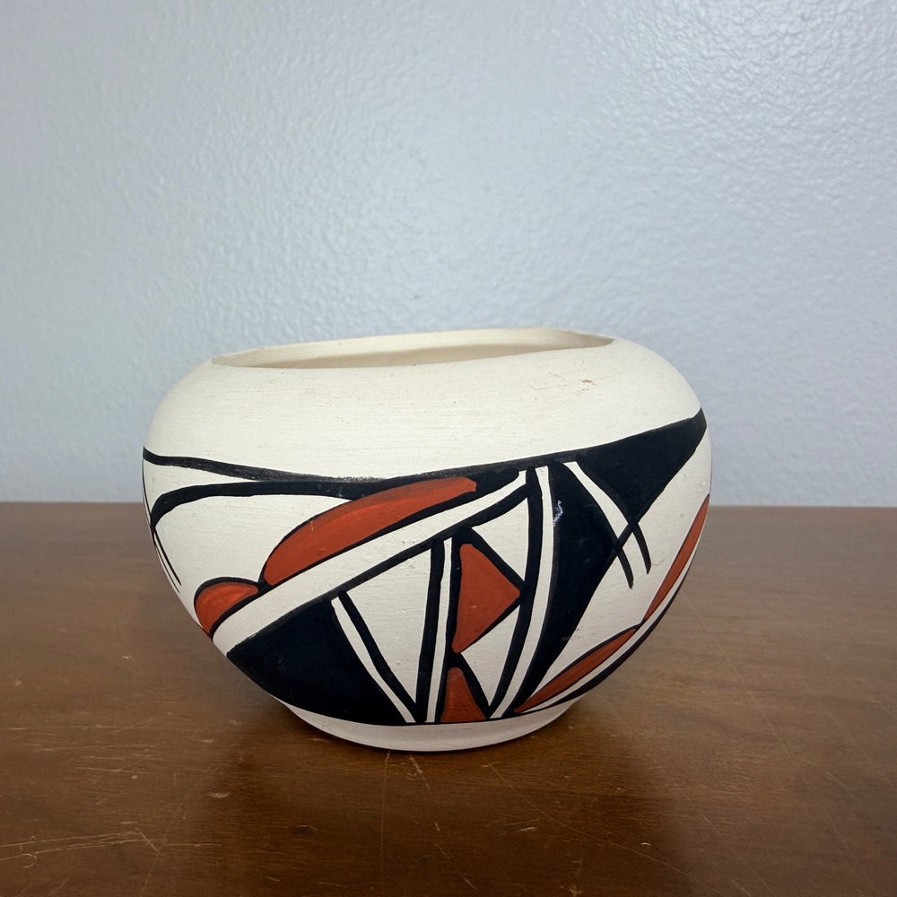 Acoma Pueblo Pottery Bowl Geometric Signed Hand Painted Native American Art
